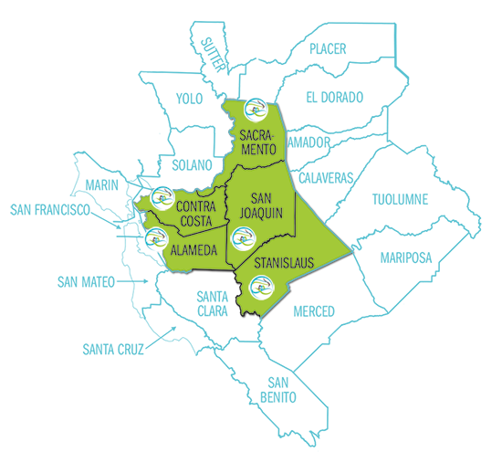 Home health and hospice service area map of California: Sacramento, Contra Costa, San Joaquin, Alameda, and Stanislaus